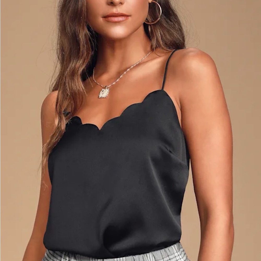 Lulus Initiate Black Satin Scalloped Cami Top - Size S